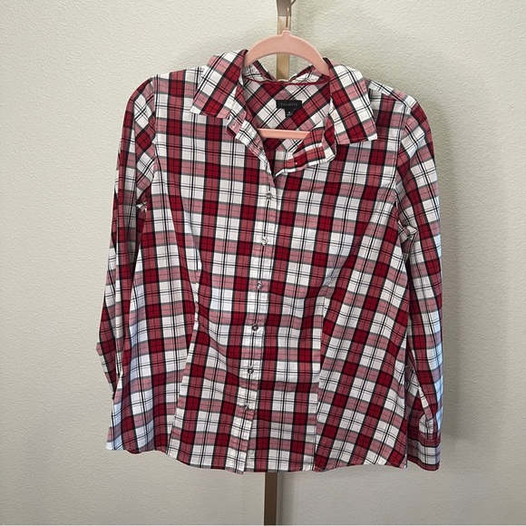 Talbots Button Down Shirt Red White Black Plaid w/ Silver Buttons size 8 - Picture 1 of 7